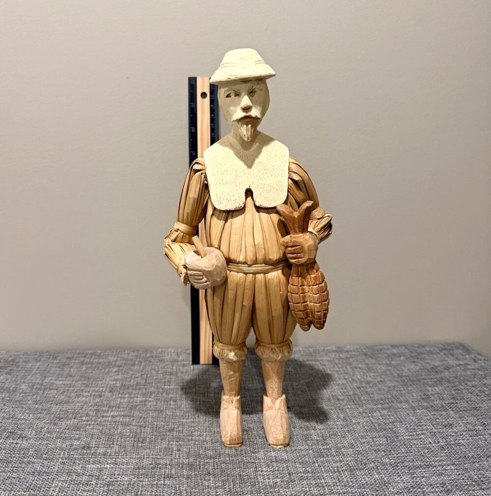 Carved Wooden Man Figurine Holding Pineapple and Apple, Beige Brown White